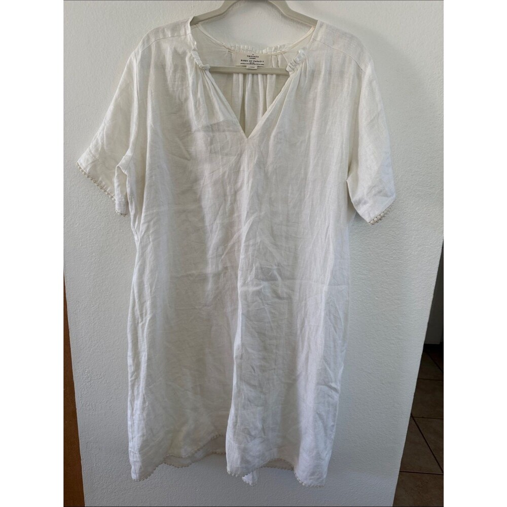 Trovata Birds of Paradis White 100% Linen V-Neck Shift Dress Pom Trim L Large
